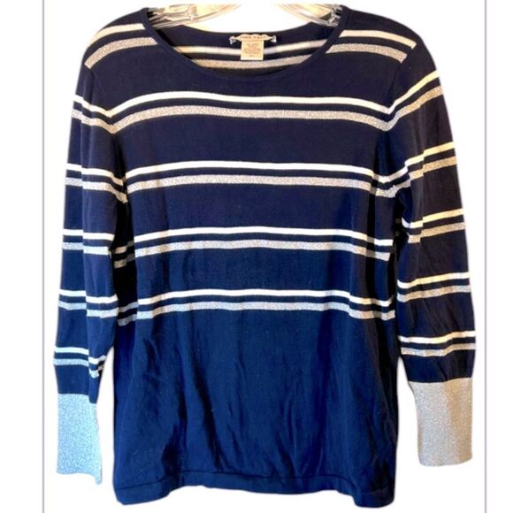 JOAN VASS WOMANS SWEATER MEDIUM LARGE BLUE WHITE SILVER BASIC EVERYDAY striped - Picture 1 of 8
